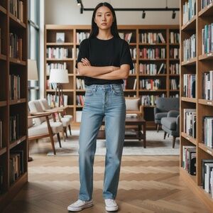 Re/Done Straight Leg Light Blue Denim Jeans with Frayed Hem, Size‎ 30